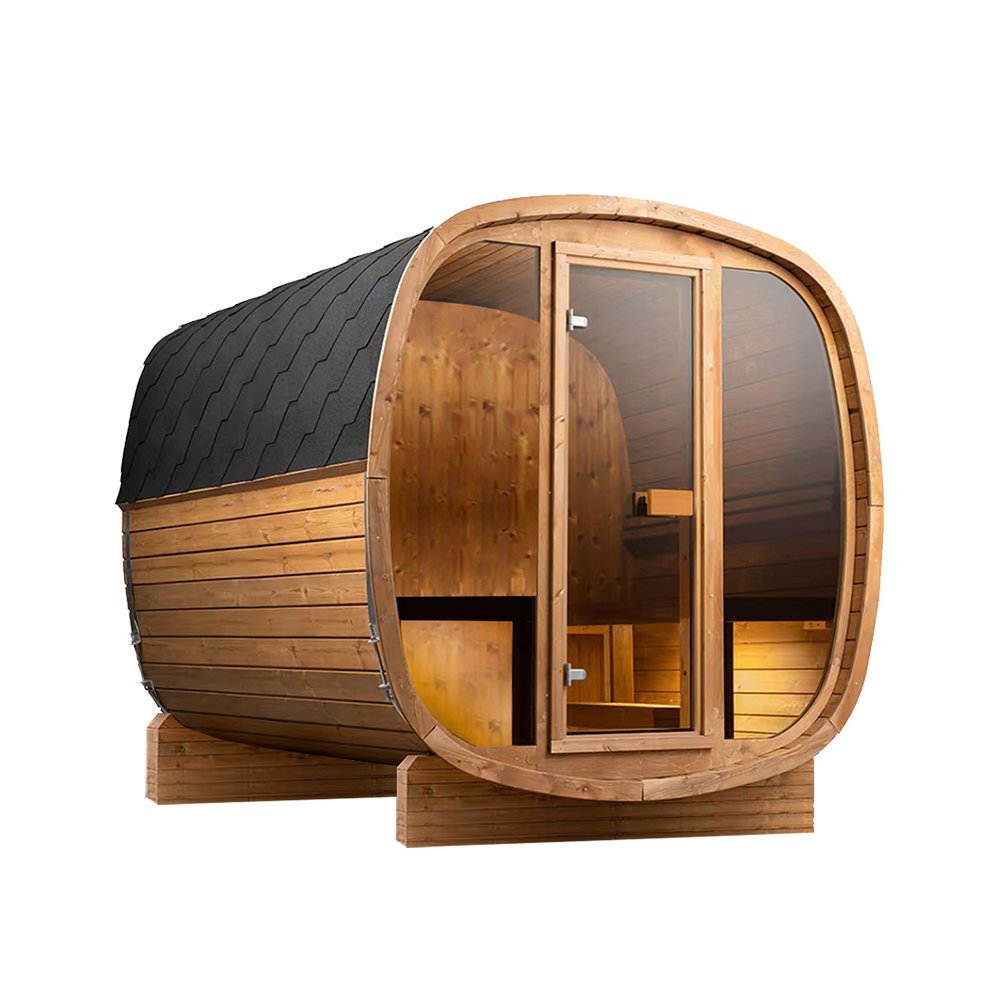 Auris Two outdoor cedar sauna with a dark shingled roof and a full-height glass door, shown from the front left