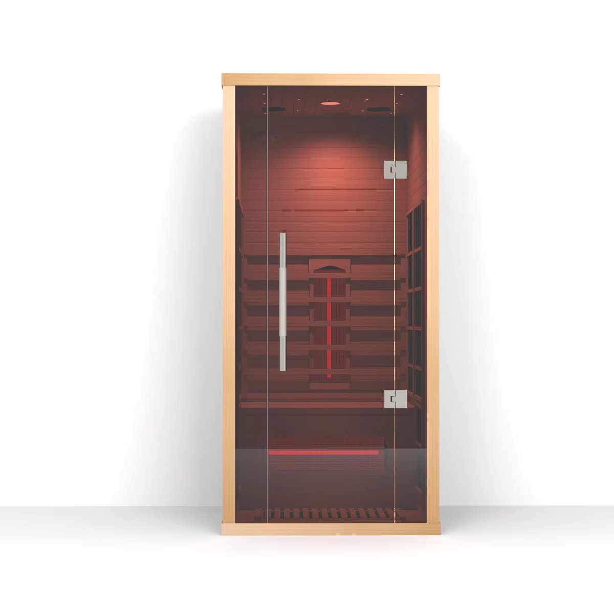 Lumin One infrared sauna cabin in light hemlock with a tinted full-height glass door and glowing infrared emitters inside