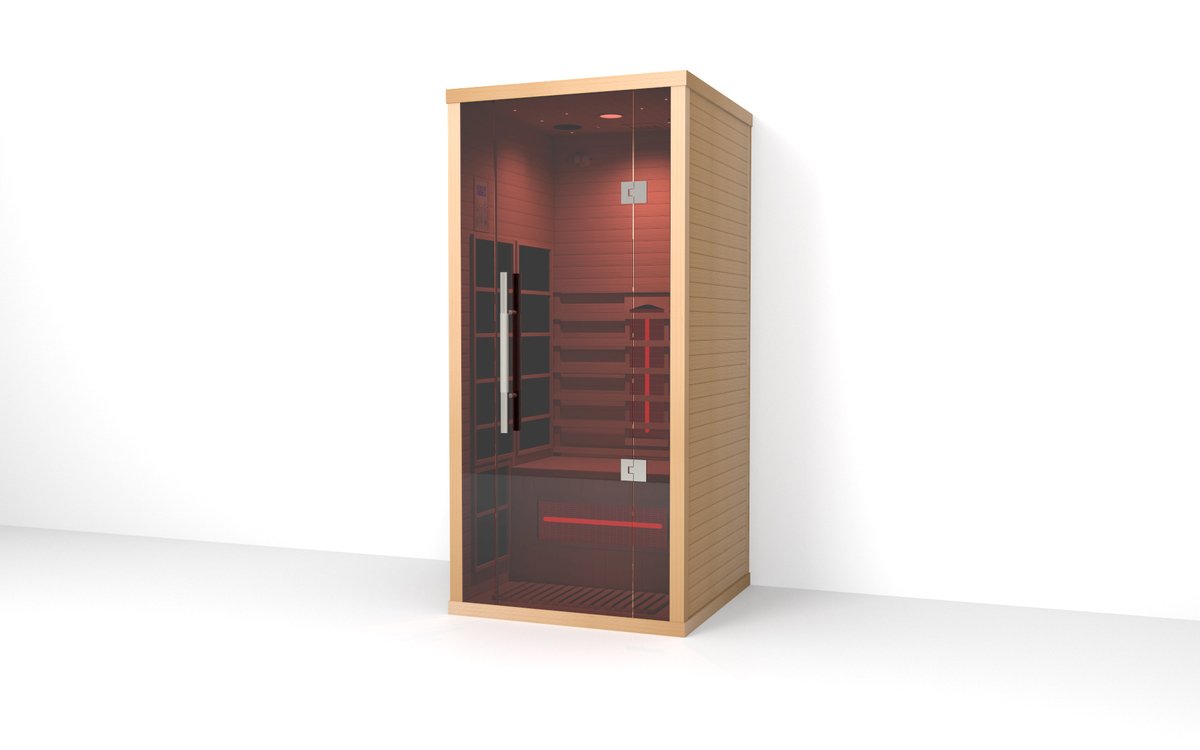 Lumin One infrared sauna seen from the front left showing the hemlock side panel and glass door