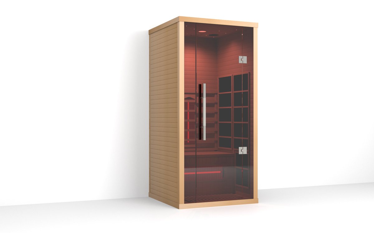 Lumin One infrared sauna seen from the front right showing the cabin depth