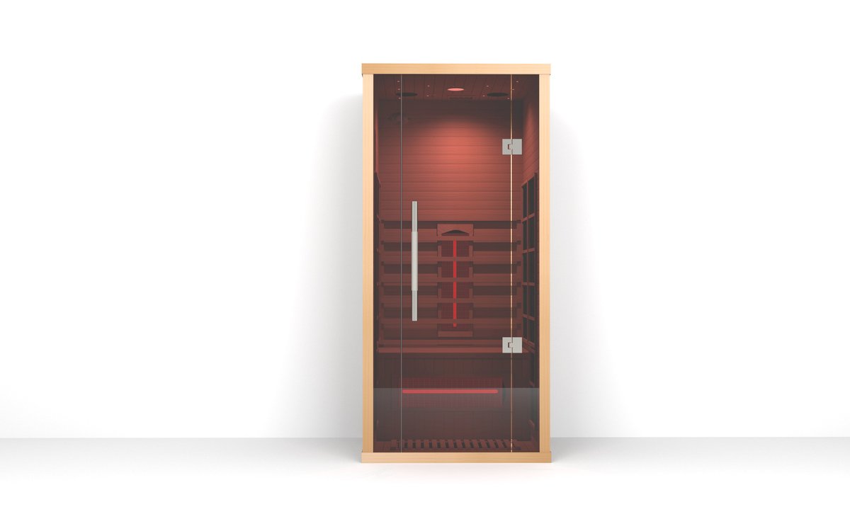 Lumin One infrared sauna photographed at a narrow angle showing the door frame and cabin height