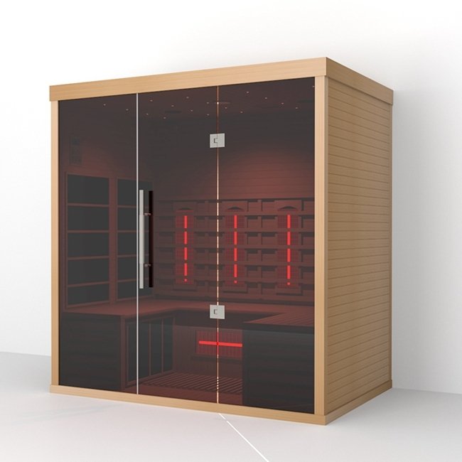 Lumin Three infrared sauna from the front left showing the full width of the cabin