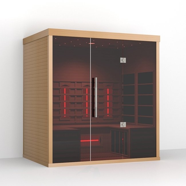 Lumin Three infrared sauna from the front right showing the side panelling and glass doors