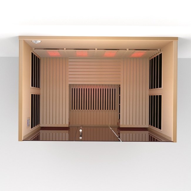 Overhead view into the Lumin Three cabin showing the full-width bench and wall emitters