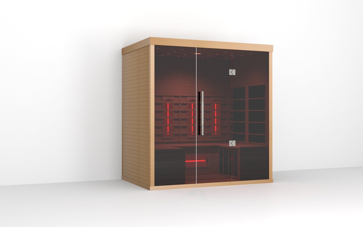 Angled wide view of the Lumin Three showing cabin depth and the hemlock exterior