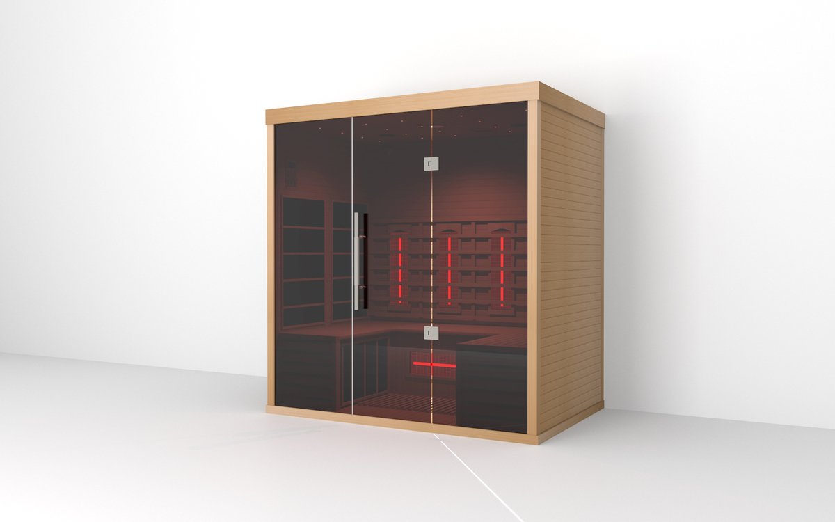 Side-angled view of the Lumin Three infrared sauna cabin