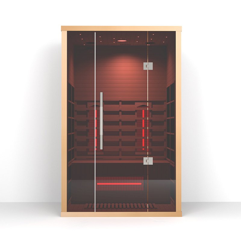 Lumin Two infrared sauna in light hemlock with a tinted glass front and glowing infrared emitters visible inside