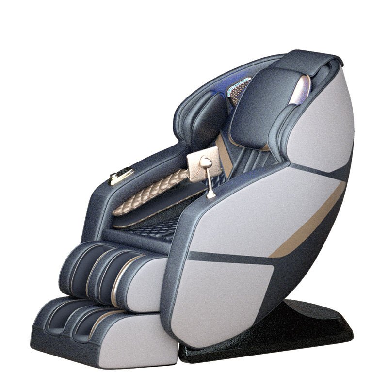 FlexiZen V10 smart massage chair in grey and navy, upright, seen from the front left