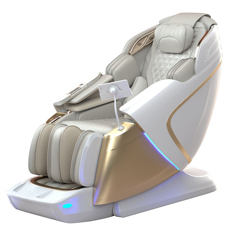NeuroLuxe SL 4D massage chair in white and champagne gold, front three-quarter view