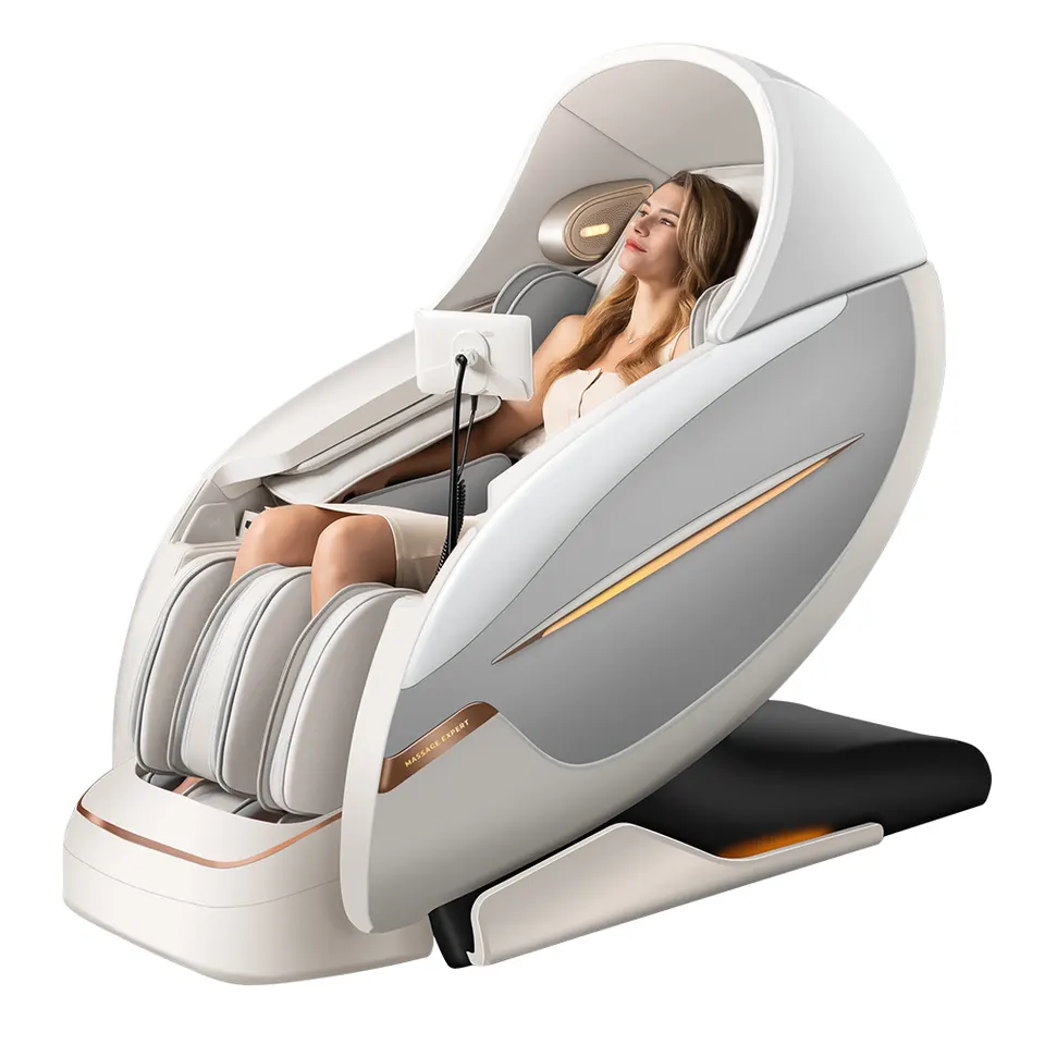 OmniSense 4D massage chair reclined with a user in the cream finish